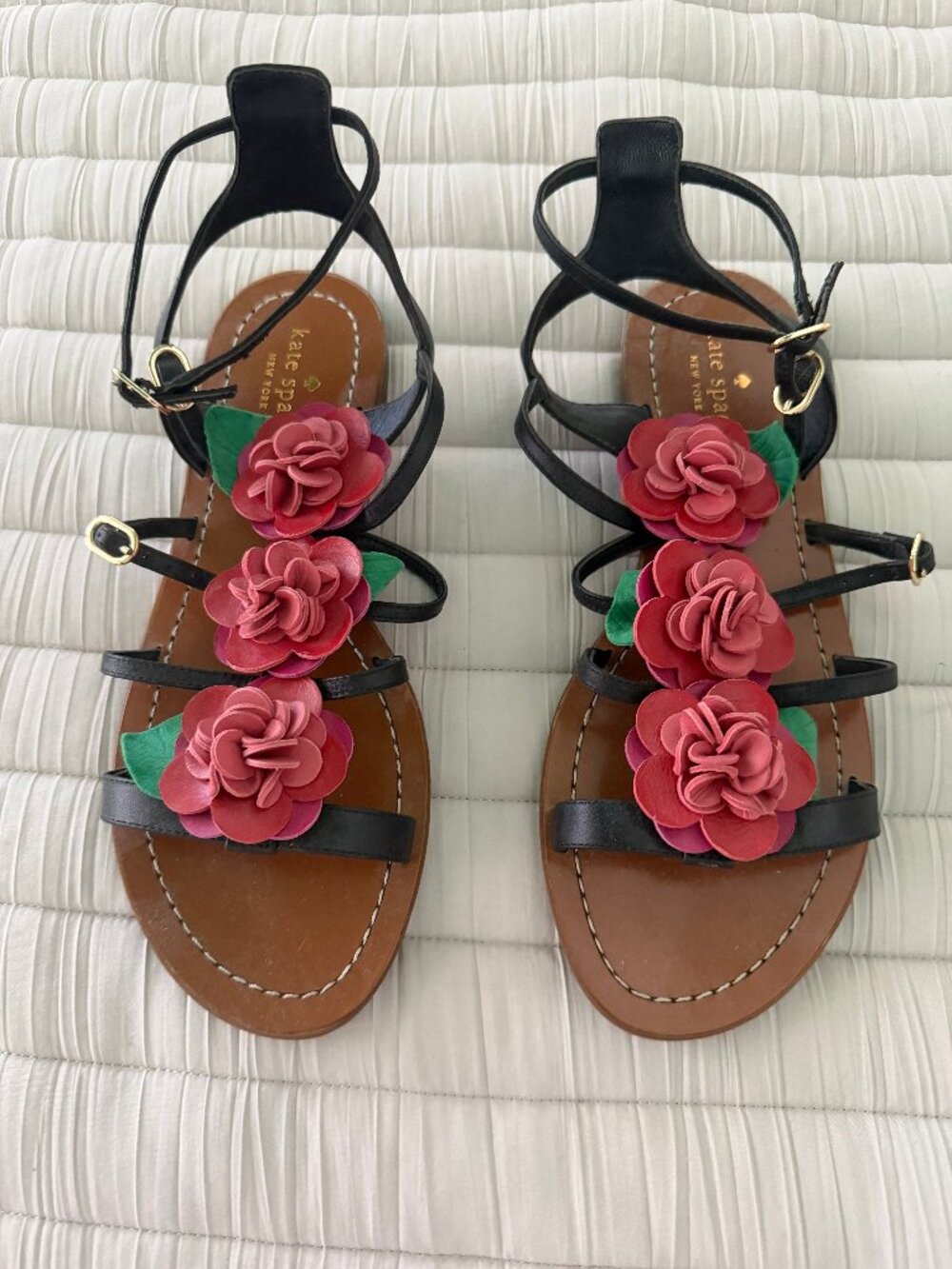 Kate Spade Flat Black Strappy Sandal With Floral Embellishments